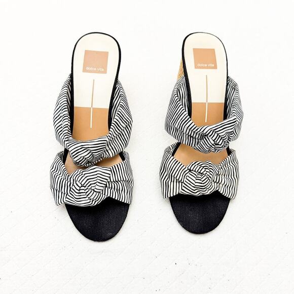 Dolce Vita Jene Black Striped Printed Round Rattan Heel Sandal Size 9.5 - Picture 1 of 6